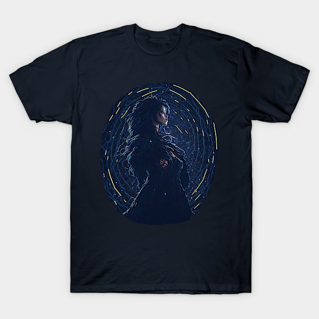 Beautiful Dark Demon Woman. Yellow Cosmic Lights, Stars. Guardian Of Love T-Shirt by funfun